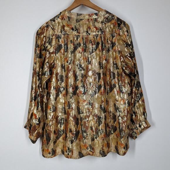 BA&SH Gaby Metallic Blouse Silk Ochre Gold Abstract Print 3/4 Sleeve Size XS - Picture 5 of 12